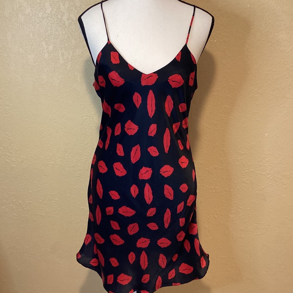 Vintage Romantico by Intimo 100% Silk Mini Slip Dress, Red Lips Black Size Small